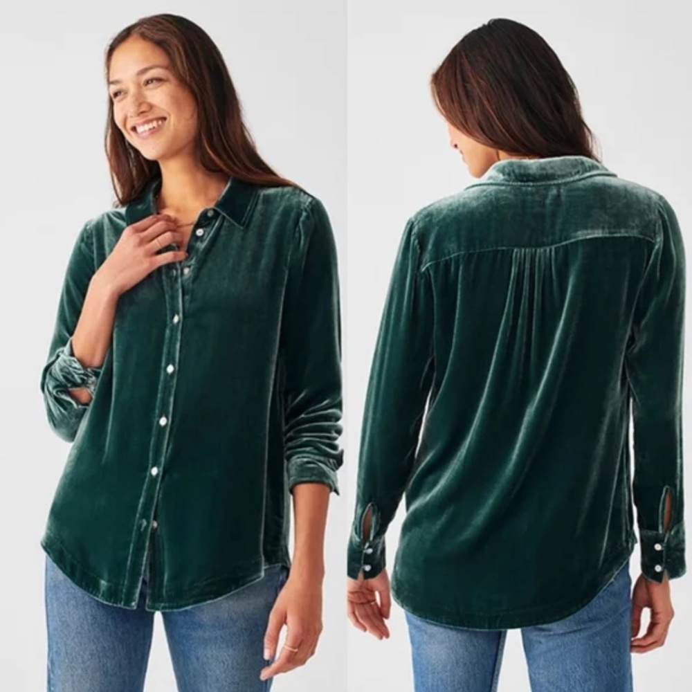 FAHERTY Vintage Silk Velvet Genevieve Shirt In Emerald XL